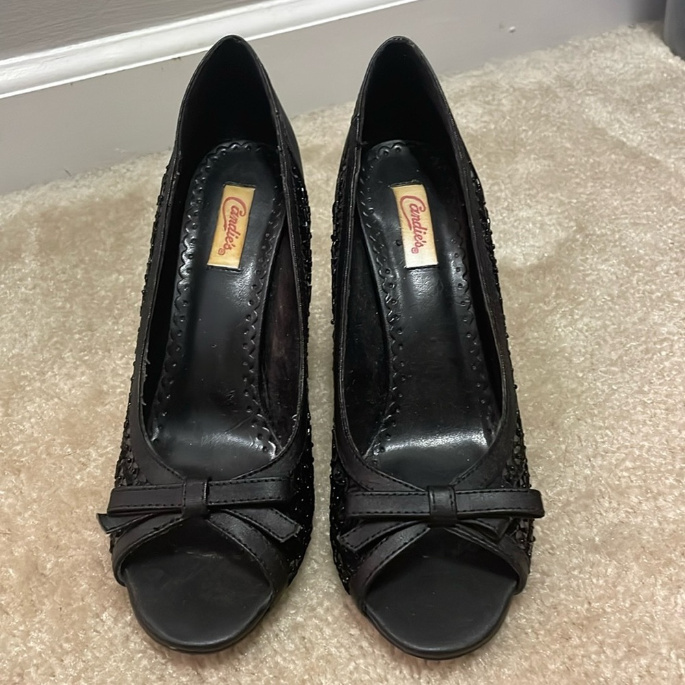 Candies sequence black peep toe heels